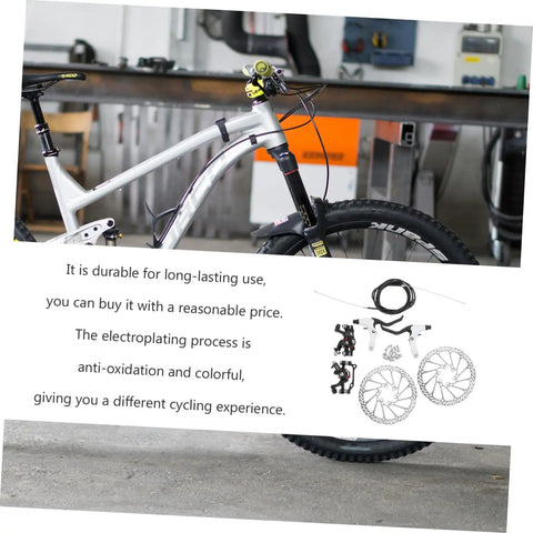 Trail Tough Mountain Bike Disc Brake Kit Equipped With Lightweight Hollow Rotors And Insanely Grippy Mechanical Calipers, displayed with components in workshop setting.