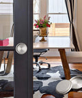 Six Pack Satin Nickel Closet Door Finger Pulls For Bypass Sliding Doors, round insert, installed on modern glass door