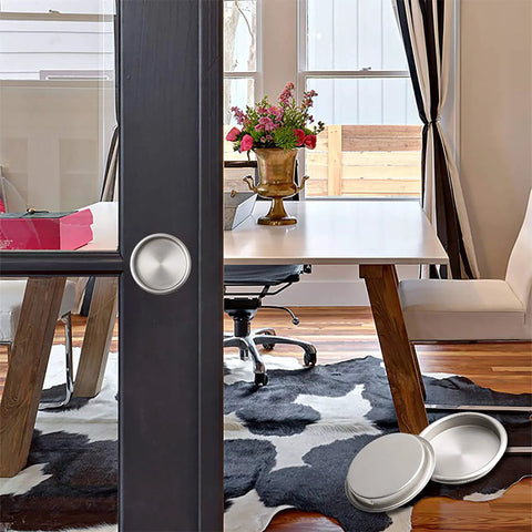 Six Pack Satin Nickel Closet Door Finger Pulls For Bypass Sliding Doors, round insert, installed on modern glass door