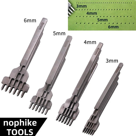 Pro Grade Leather Pricking Irons And Diamond Stitching Chisel Set with 1/2/4/6 prongs, 3mm to 6mm spacing, steel tools