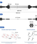 Diagram of Ultra Slim Flat Ethernet Extender for Window and Door Gaps No Drill Solution with dimensions and accessories shown.