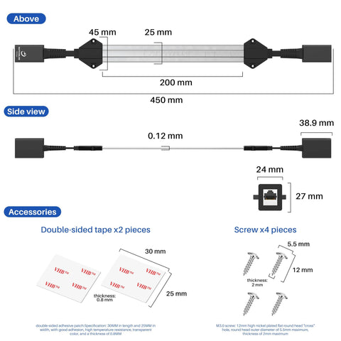 Diagram of Ultra Slim Flat Ethernet Extender for Window and Door Gaps No Drill Solution with dimensions and accessories shown.