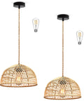2 Pack Rattan Pendant Lights With Edison Bulbs Dope Boho Farmhouse Wicker Lampshades For Ceiling Mount Indoor Bedroom Living Room