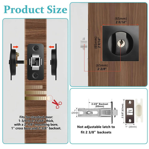Diagram of Pocket Door Lock With Key Matte Black Privacy Latch For Sliding Bifold Doors, showing sizes and installation details