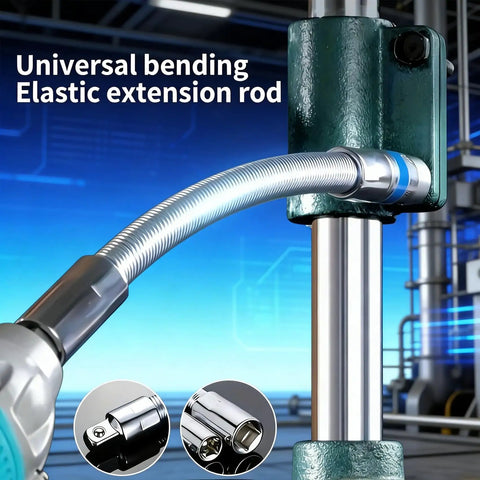 Reach Tight Auto Spots With A 360 Degree Bendable Flexible Extension Set For 3 Eighths, 1 Quarter, And 1 Half Inch Drive Wrenches Universal Wrench Sleeve Rods High Torque Spring Steel For Impact Wrench And Automotive Repair showing universal bending elastic extension rod in use.