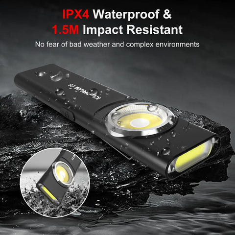 Pocket EDC Dual Light Flashlight with Rechargeable USB C 600 Lumen Output ultra-slim design on wet surface showcasing water resistance