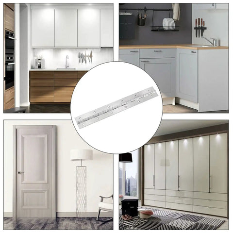 4 Pack 304 Stainless Steel Piano Hinges, Heavy Duty Rustproof Continuous Door Hardware With Screws displayed in kitchen and door settings.