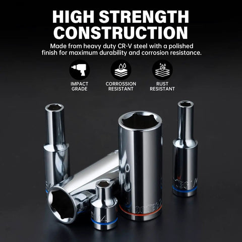55 Piece Three Eighths Inch Drive Master Impact Socket Set with Shallow and Deep Sockets SAE and Metric Premium CR-V Steel
