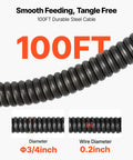 Heavy Hitter Auto Feed Drain Cleaner With 100 Ft Steel Pipe Snake showing 100FT durable steel cable with dimensions.