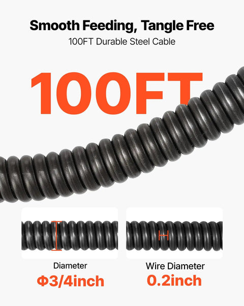 Heavy Hitter Auto Feed Drain Cleaner With 100 Ft Steel Pipe Snake showing 100FT durable steel cable with dimensions.