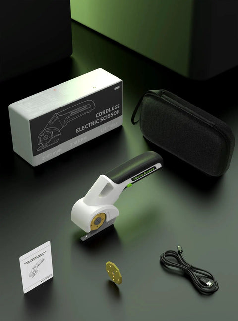 Cordless Rotary Cardboard Cutter With Titanium Coated Blade And Two Accessories 4V Electric Cutting Tool set with case and charger.