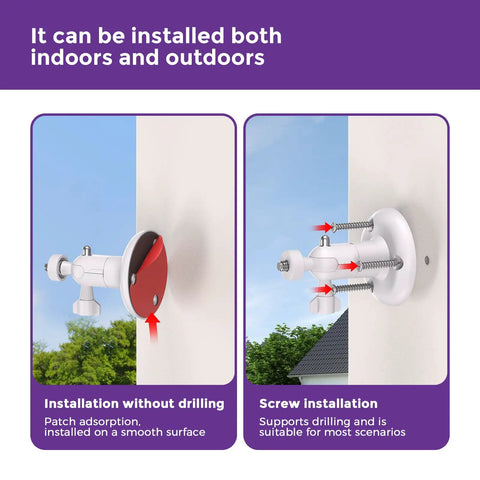 Image showing installation options for 2 Pack No Drill Camera Wall Mount Bracket For Ring And Wyze Security Cameras indoor and outdoor.