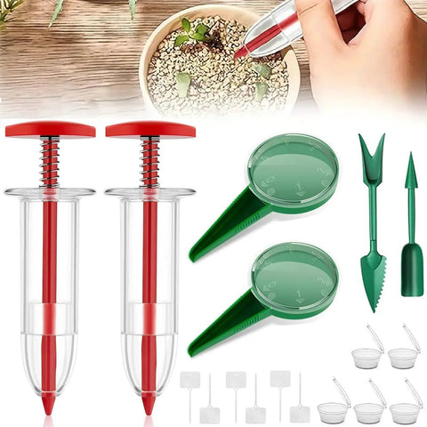Mini Seed Spreader Kit For Easy Garden Sowing, 17 Piece Handheld Seed Dispenser Set with tools and labels on display