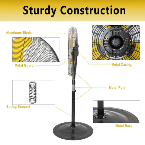 Side view of 30 inch tilting pedestal fan showing aluminum blade, metal casing, and base with focus keyword: 30 Inch Tilting Pedestal Fan For Industrial Warehouses And Gyms 3 Speed High Velocity Stand Up Fan Delivers 7600 CFM Heavy Duty One Third HP Motor Ideal For Commercial Garage And Shop UL Safety Listed