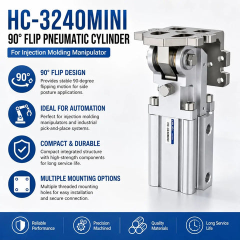 Heavy Duty 90 Degree Flip Pneumatic Cylinder Rotary Actuator for Injection Molding Manipulators and Automated Pick And Place Systems, compact design.