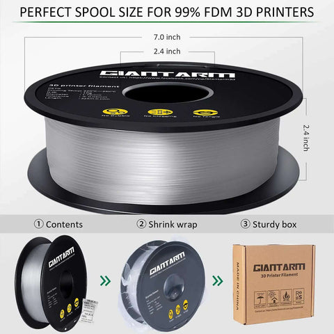 Clear PETG Filament 1.75mm 1kg Spool For 3D Printing, Crystal Clear And Tough, Vacuum-Sealed Packaging, Spool Dimensions