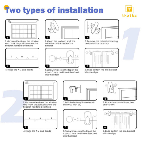 Illustration of two types of installation methods for no drill curtain rod for windows 18 to 45 inches with adhesive brackets.