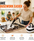 Pressurized Handheld Steam Cleaner Knocking Out Grease And Grime Like A Boss For Your Whole House Chemical Free Cleanup Stays Gentle On Pets And Toddlers Includes Ten Piece Accessory Kit For Cars Couches Grout Tile And Wood Floors in use on a kitchen stove.
