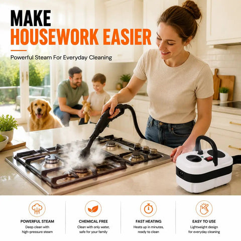 Pressurized Handheld Steam Cleaner Knocking Out Grease And Grime Like A Boss For Your Whole House Chemical Free Cleanup Stays Gentle On Pets And Toddlers Includes Ten Piece Accessory Kit For Cars Couches Grout Tile And Wood Floors in use on a kitchen stove.