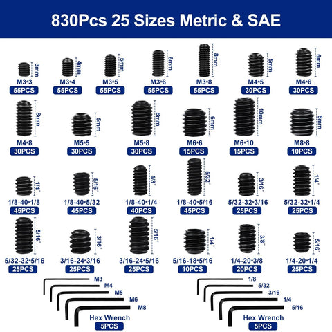 Powerhouse 830-Piece Set Screw Kit With 25 Sizes Metric And SAE Internal Hex Drive Cup Point Allen Screws shown with labels