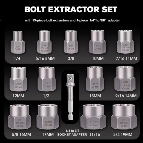 Heavy Duty Bolt Extractor And Screw Extractor Kit with 13-piece bolt extractors and 1 socket adapter, 26 piece set
