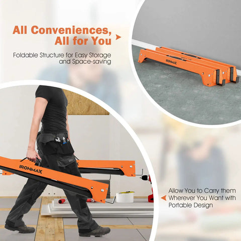Heavy Duty Foldable Saw Horses 2 Pack Supporting 1322 Lbs With Toughened Steel Rig And Quick 2x4 Workbench Hooks shown being carried for easy transport.