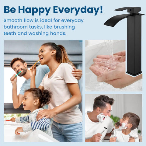 Matte Black Tall Waterfall Vessel Sink Faucet With Large Rectangular Spout Single Handle One Hole Mixer for bathroom use