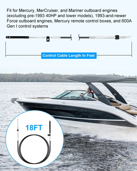 Gen I Boat Outboard Throttle And Shift Cable Set Fits Mercury MerCruiser Quicksilver Outboards 18ft 2 Pack CC17918 Replacement 600A Gen I Remote Control System Compatible Cables shown with boat on water