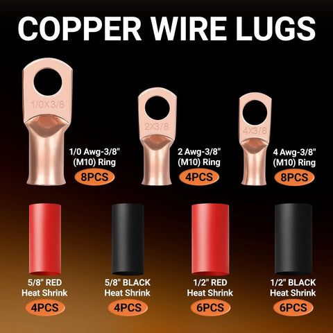 Heavy Duty Battery Terminal Kit With Copper Lugs And Ring Terminals, 40 Piece Set includes 1/0, 2, 4 AWG lugs and heat shrink tubing