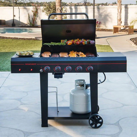 5-Burner Propane Gas Grill With Side Tables And Accessory Hooks, 50,000 BTUs, 656 Sq In Cooking Space, Two Wheel Transport