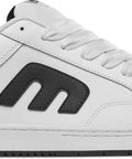 Side view of Kingpin 2K Skate Shoes with padded low top cupsole, durable reinforced stitching, white black colorway, size 8.5