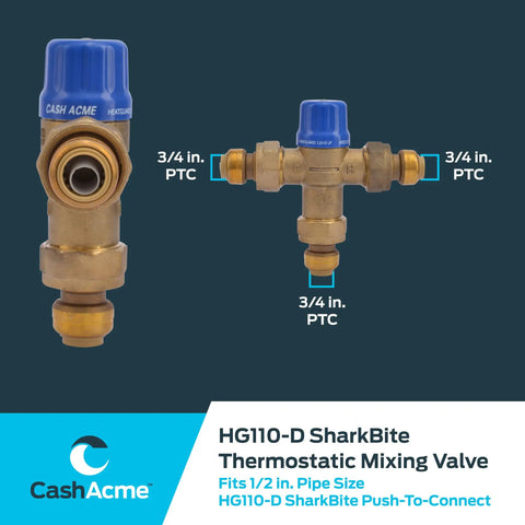 Thermostatic Mixing Valve 1/2 Inch HG110-D With SharkBite Union Connections For Brass Plumbing Fitting, Delivers Tempered Water At A Safe 120 Degrees F, Compact Size Designed For Tight Spaces And Easy Install, 24504.