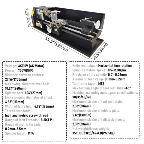 Top Tier 750W Heavy Duty Bench Metal Lathe Featuring MT4 Spindle Taper And Dual Speed Settings From 115 To 1620 Rpm dimensions and features overview.