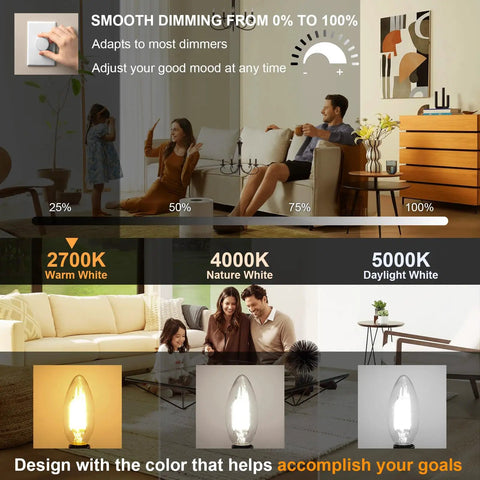 Dimmable E12 LED Candelabra Bulbs For Chandeliers And Ceiling Fans 2700K Warm White 40W Equivalent B11 Edison Filament Style 400 Lumen Pack Of 6 Eye Friendly Dimmer Compatible