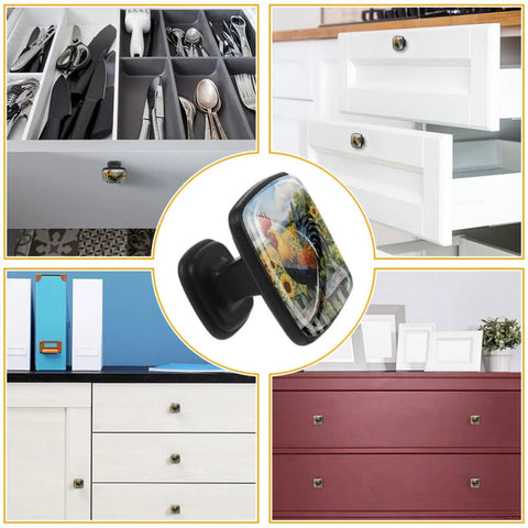 4 Pack Square Kitchen Cabinet Knobs Sunflower Rooster Design Dope Black Glass ABS Drawer Pulls for cabinets, shown installed on various furniture.