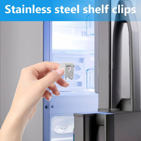 Stainless Steel Refrigerator Shelf Clips Set 8 Pieces Square Support Hooks held in hand next to open fridge door