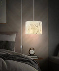 Plug In Pendant Light With 15 Ft Adjustable Hanging Lamp Cord And Toggle Switch, Floral Fabric Shade, Tri Color Led Bulbs, Totally Awesome Indoor Fixture For Bedroom Living Room Dining And Chill Vibes, illuminated in a cozy bedroom setting.