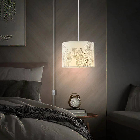Plug In Pendant Light With 15 Ft Adjustable Hanging Lamp Cord And Toggle Switch, Floral Fabric Shade, Tri Color Led Bulbs, Totally Awesome Indoor Fixture For Bedroom Living Room Dining And Chill Vibes, illuminated in a cozy bedroom setting.