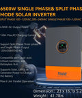 Ready To Roll 6500W Hybrid Solar Inverter 48V DC To 120V And 240V AC Split Phase With 140A MPPT Controller shows detailed features and specs.
