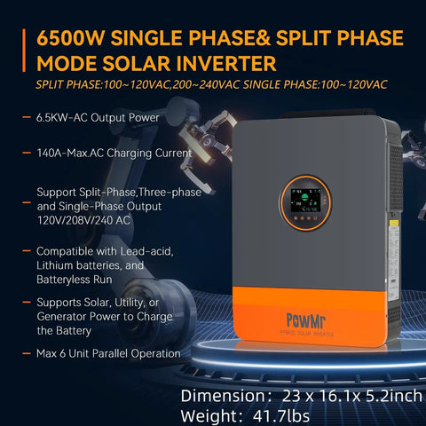 Ready To Roll 6500W Hybrid Solar Inverter 48V DC To 120V And 240V AC Split Phase With 140A MPPT Controller shows detailed features and specs.