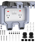 Double Outdoor Electrical Outlet With IP66 Weatherproof Cover, 2-Gang Outdoor Plug Box, Dustproof And Close Enclosed Design For Patios, Gardens, And Decks, Durable Waterproof Power Source For Wet Environments. Gray 2-gang outdoor outlet with cover and mounting accessories.