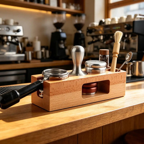 Natural wood espresso tamper station with durable 58mm holder, pockets for tools, and sleek design for efficient brewing.