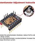 TMC2209 V1.3 UART Stepper Motor Driver potentiometer adjustment instructions showing a close-up of current adjustment control knob