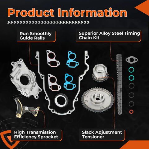 High Volume LS Oil Pump Timing Chain Kit With Gasket components displayed with sprocket, rails, tensioner, and gaskets
