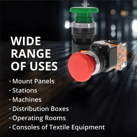 Emergency Push Button Switch With Green And Red Mushroom Head For Home And Industrial Equipment No NC 22mm Spring Return Pack Of 2 Safe E Stop Button For Machinery And Safety, red and green 22mm panel mount buttons