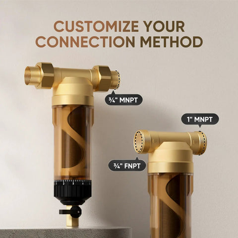 40 Micron Whole House Spin Down Sediment Filter with Scraper, Reusable Flushable, Brass Body, 1 in MNPT, 3/4 in FNPT MNPT