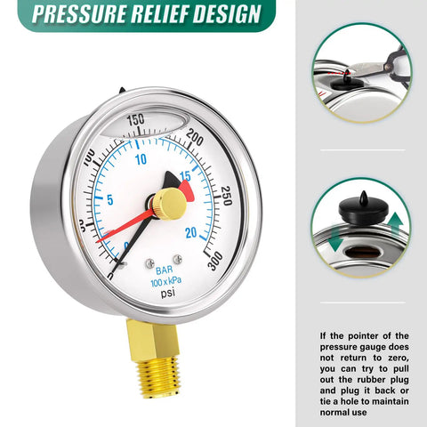 Liquid Filled Pressure Gauge 0-300 PSI, 2.5 Inch Dial, Stainless Steel, Reset Pointer, One Quarter Inch NPT Lower Mount, pressure relief design