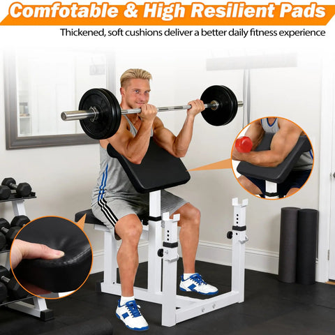 Man using Adjustable Preacher Curl Bench With Barbell Rack For Home Gym, highlighting comfort and heavy duty design.
