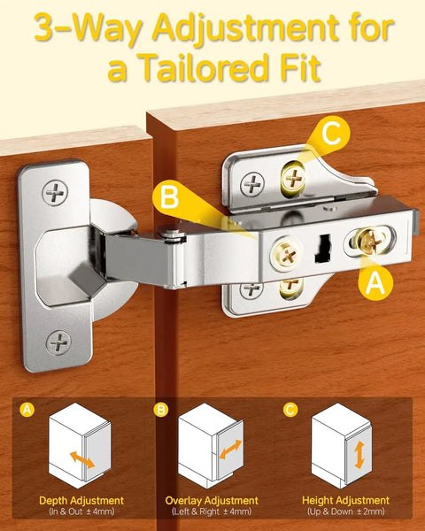 30 Pack Heavy Duty Full Overlay Soft Close Cabinet Hinges Going Like A Dream With 105 Degree Stay At Will Feature, showing 3-way adjustment diagram.