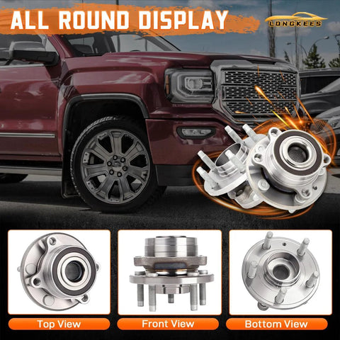 2-Piece Rear Wheel Hub And Bearing Assembly Set For 2012-2018 Focus Without Active Park Assist, 5-Lug With Magnetic ABS Encoder, Left And Right Sides Included, Replaces OE 512466 BV6Z1104B with views of top, front, and bottom